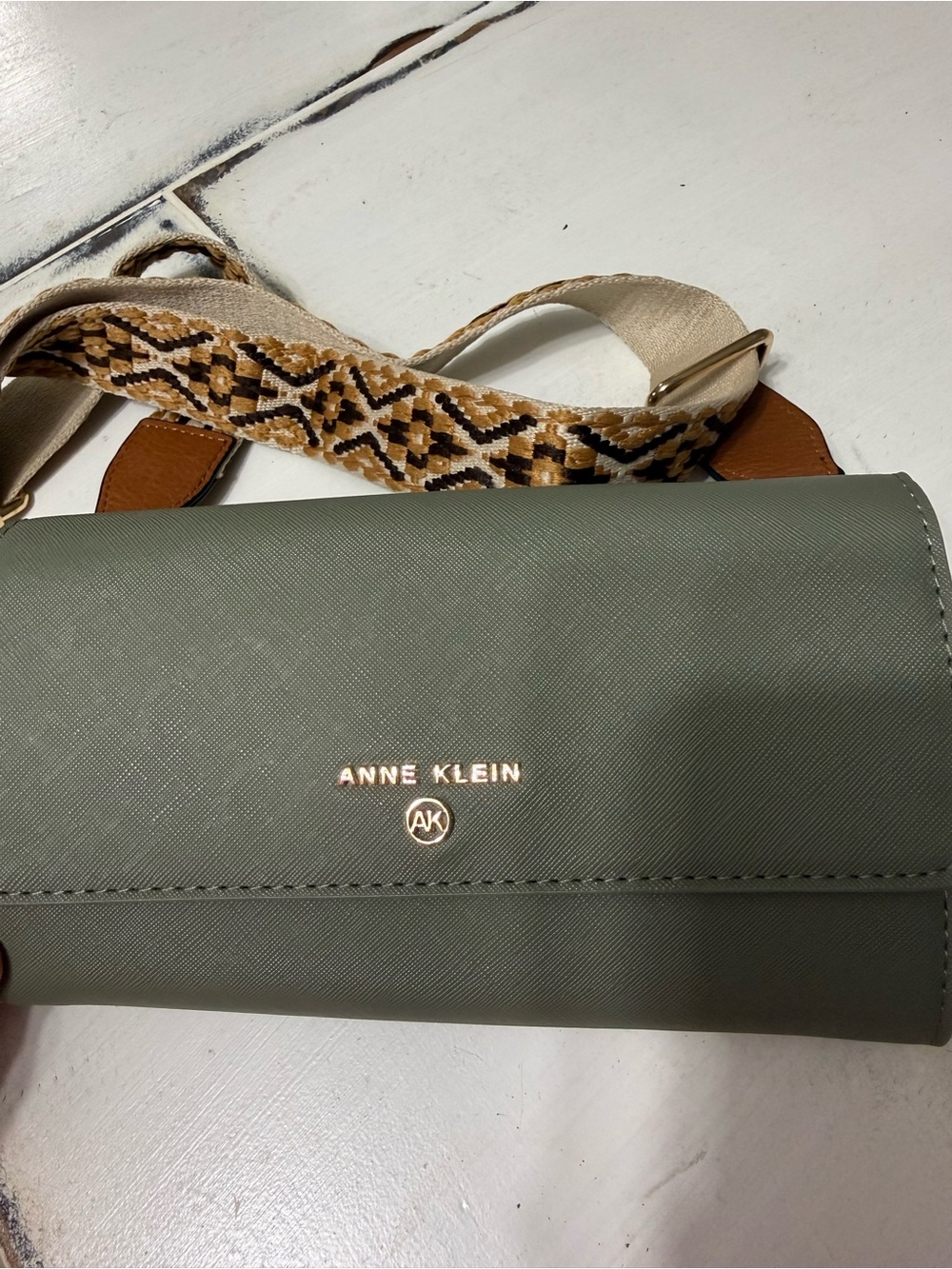 Anne Klein Olive Green Saffiano-Texture Continental Wallet – Gold Tone Logo